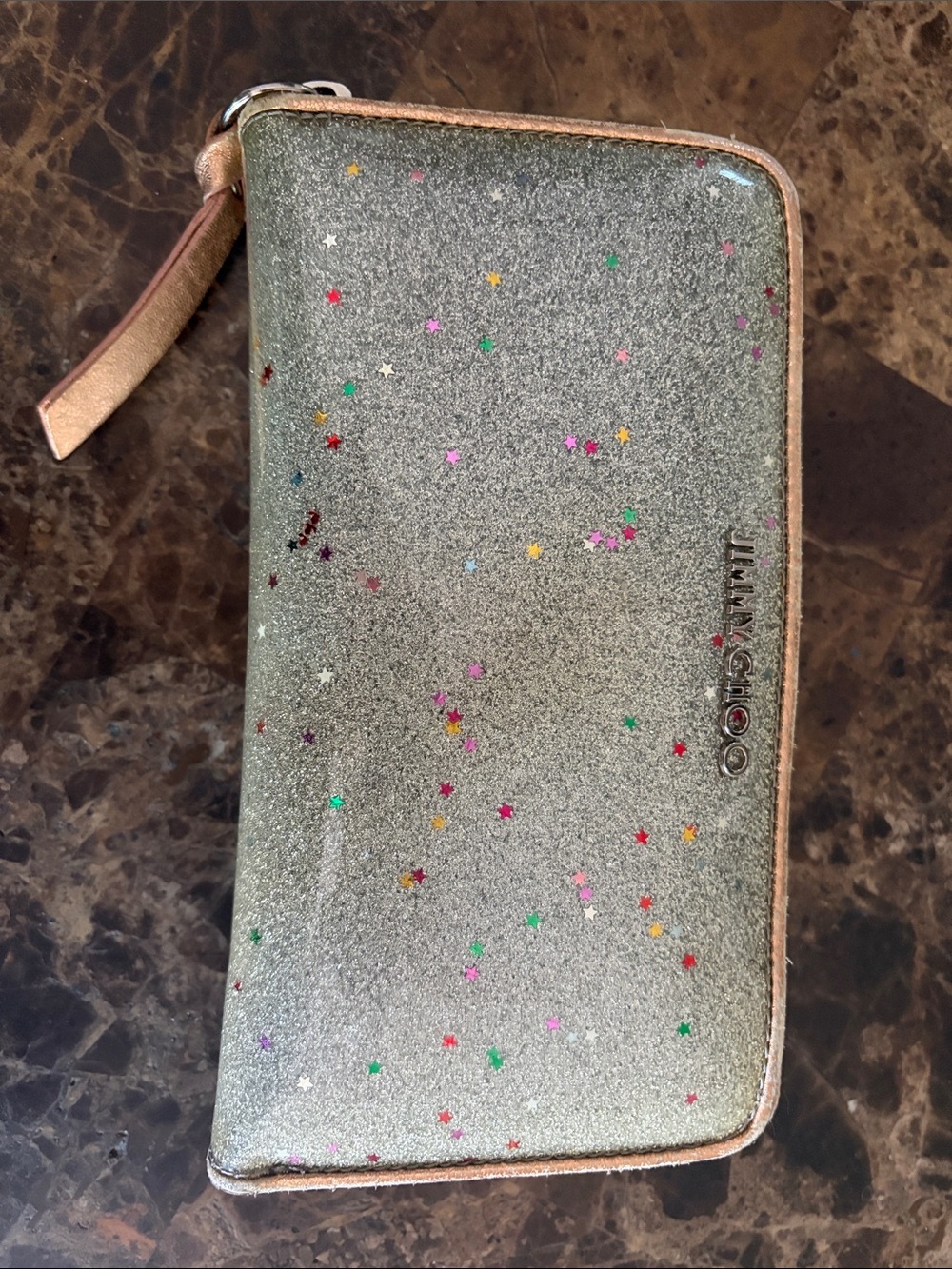 Jimmy Choo Silver Glitter Zip Wallet with Multicolor Star Confetti